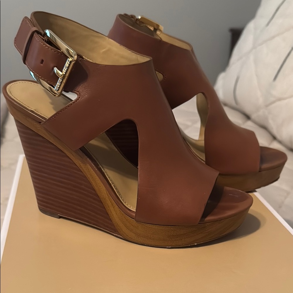 MICHAEL Michael Kors Brown Leather Wedge Sandals